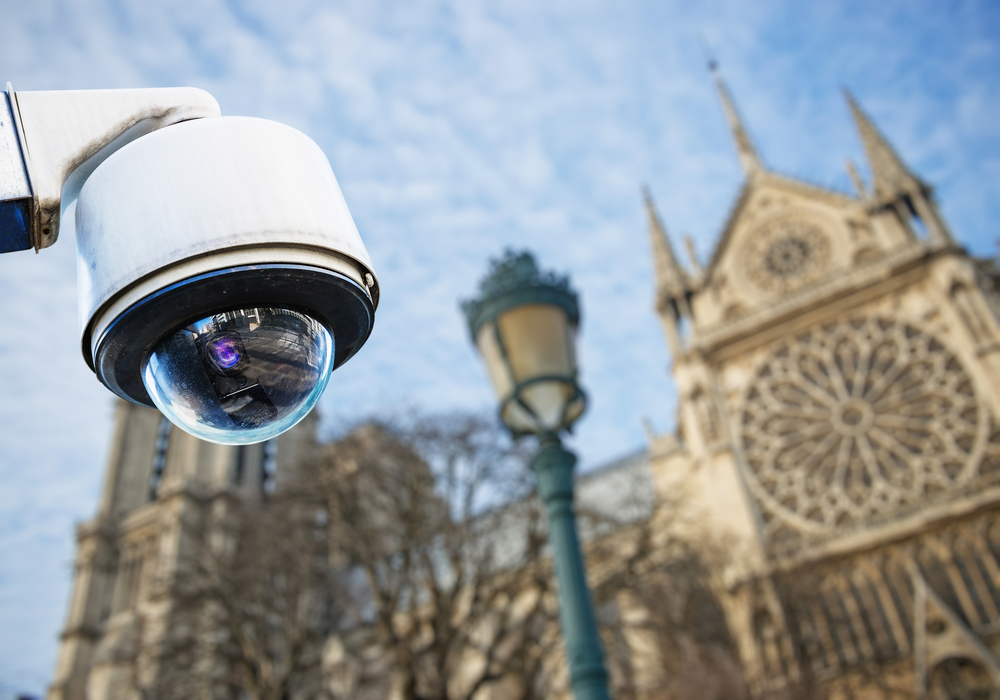 A security camera installed outside a local church to improve safety